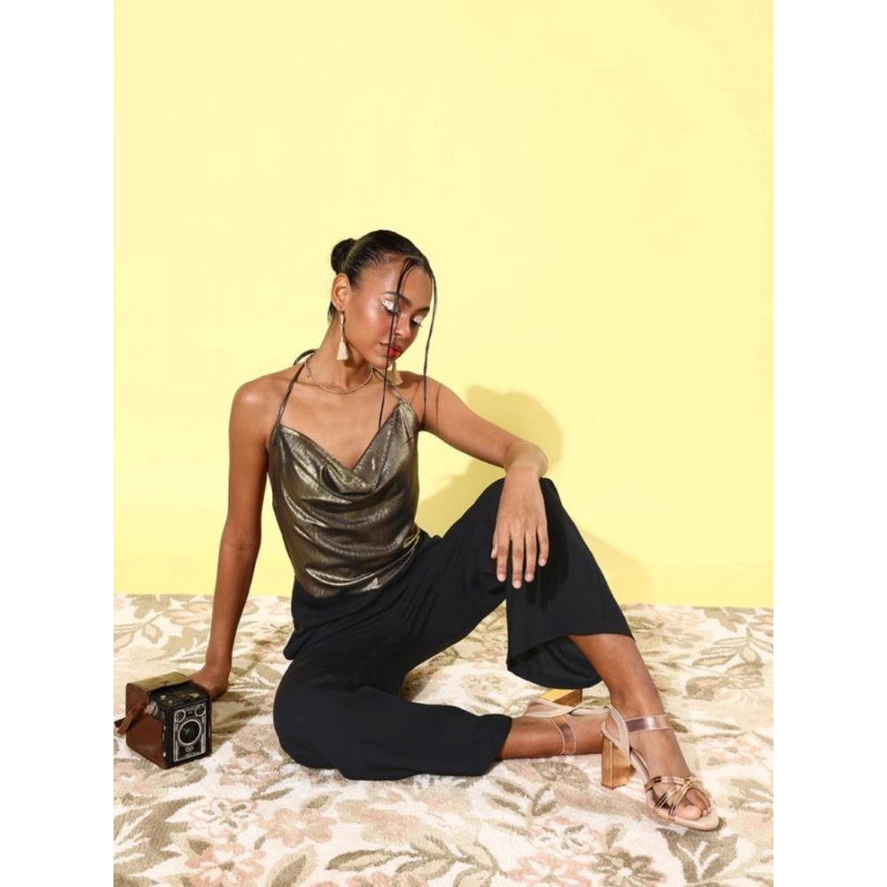 Women's Polyester Embellished Sleeveless Jumpsuit (Gold)