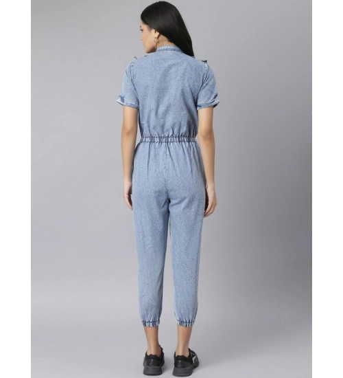 Women's Denim Self Design Tie Ups Jumpsuit (Blue)