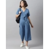 Dropship Women's Denim Solid Half Sleeve Jumpsuit (Blue)