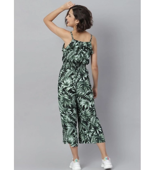 Women's Polyester Printed Shoulder Straps Jumpsuit (Black - Green) Women's Polyester Printed Shoulder Straps Jumpsuit (Black - Green)