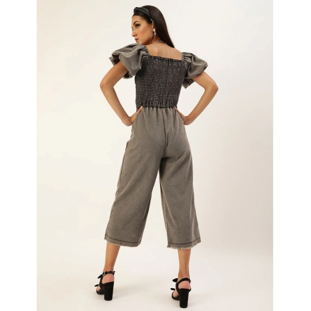 Women's Denim Solid Balloon Sleeve Jumpsuit (Black)