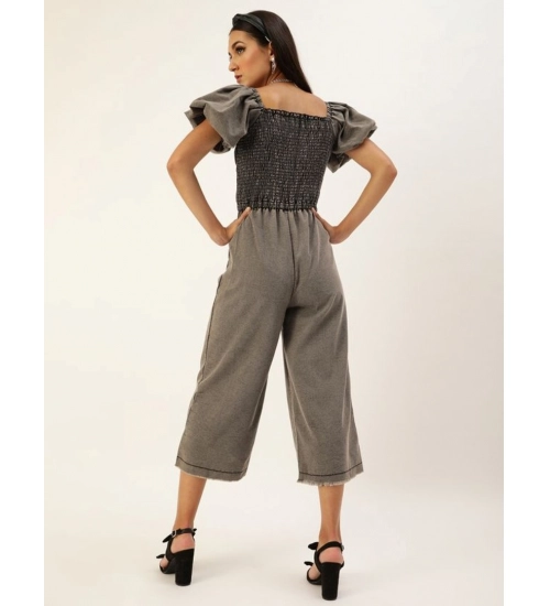 Women's Denim Solid Balloon Sleeve Jumpsuit (Black)