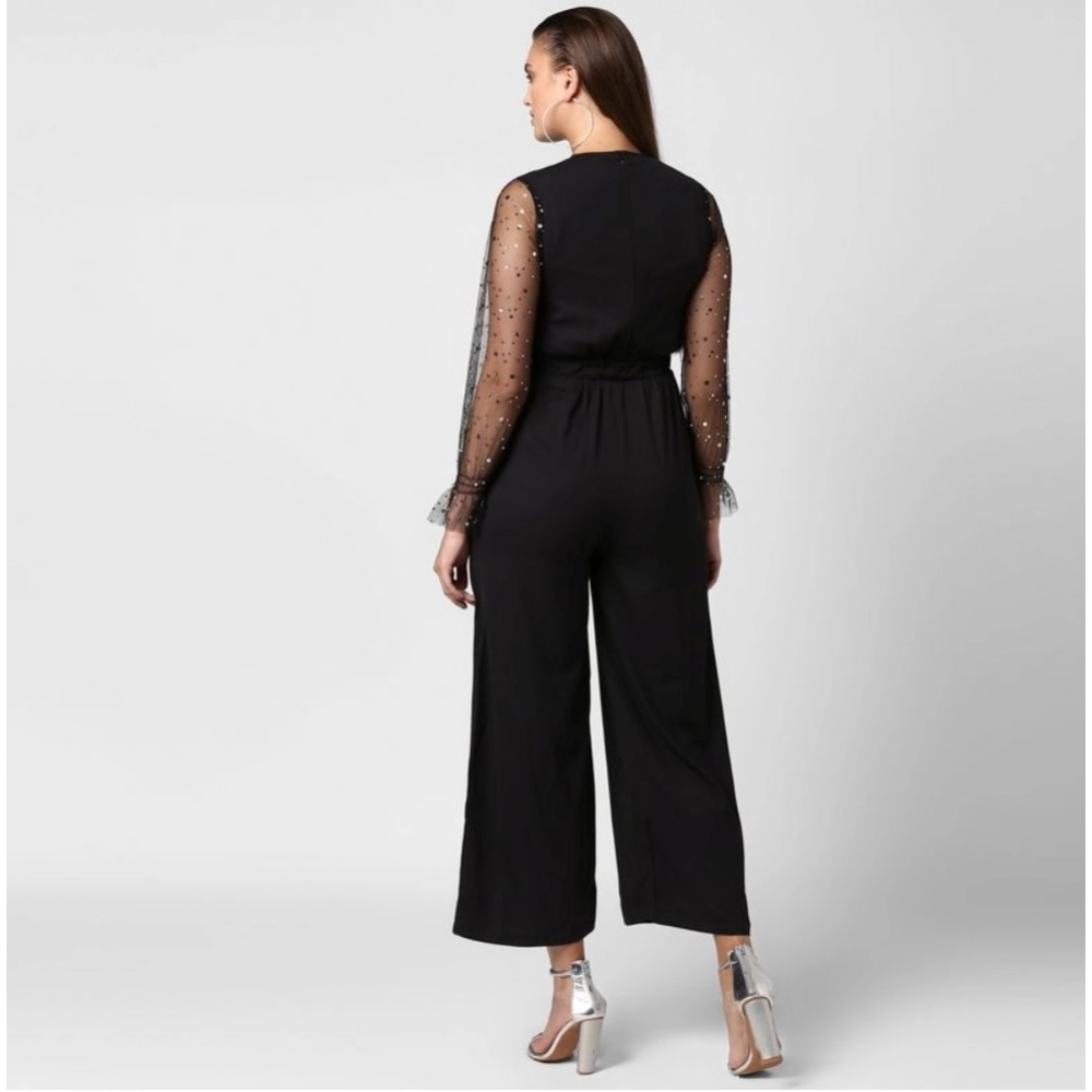 Women's Polyester Embellished Long Sleeve Jumpsuit (Black)