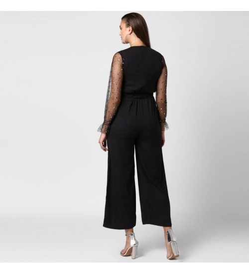 Women's Polyester Embellished Long Sleeve Jumpsuit (Black)