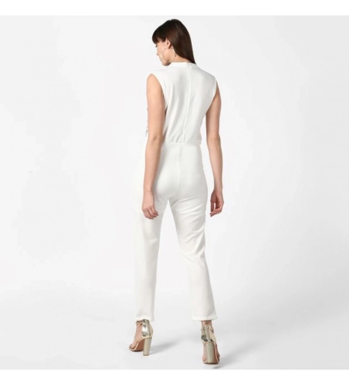 Women's Polyester Embellished Sleeveless Jumpsuit (White)