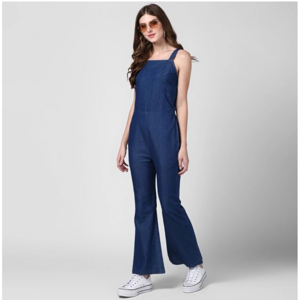 Women's Denim Solid Shoulder Straps Jumpsuit (Blue)