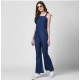 Women's Denim Solid Shoulder Straps Jumpsuit (Blue)