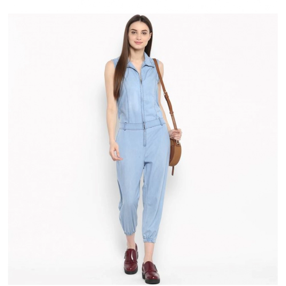 Women's Denim Solid Sleeveless Jumpsuit (Blue)