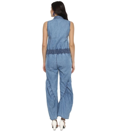 Women's Denim Solid Sleeveless Jumpsuit (Blue)