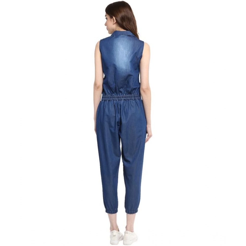Women's Denim Solid Sleeveless Jumpsuit (Blue)