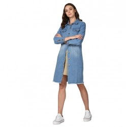 Women's Denim Washed Long Sleeve Jacket (Blue)