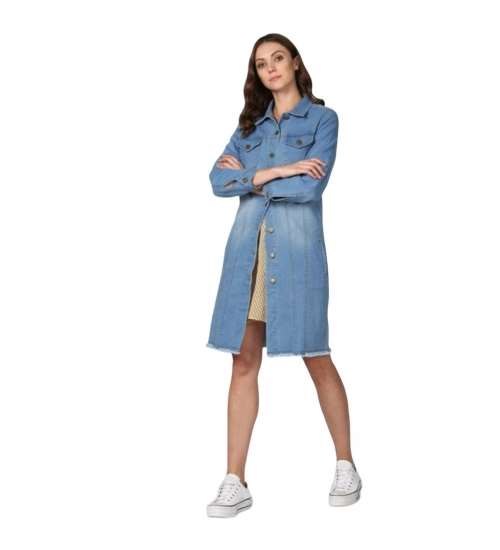 Women's Denim Washed Long Sleeve Jacket (Blue)