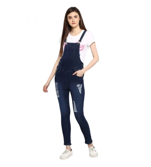 Women's Denim Solid Dungaree Pant (Blue)