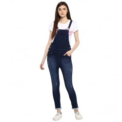 Women's Denim Distressed Dungaree Pant (Blue)