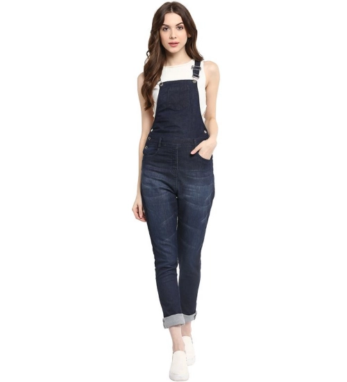 Women's Denim Solid Dungaree Pant (Blue)