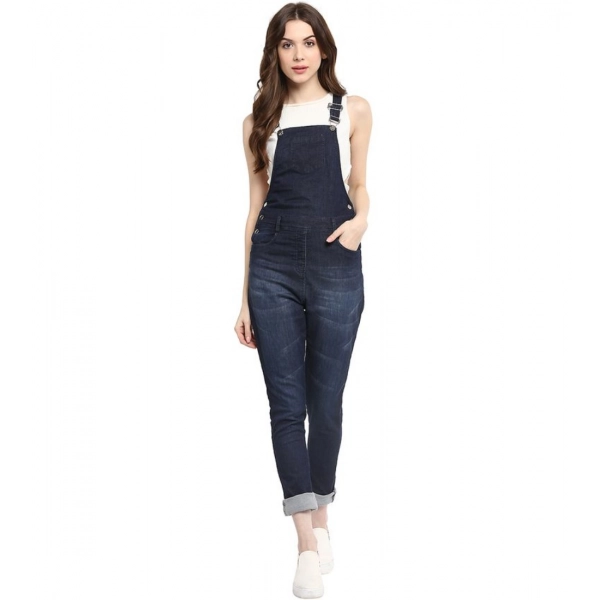 Dropship Women's Denim Solid Dungaree Pant (Blue)