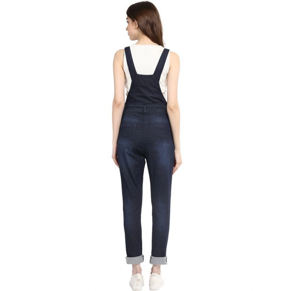 Women's Denim Solid Dungaree Pant (Blue)