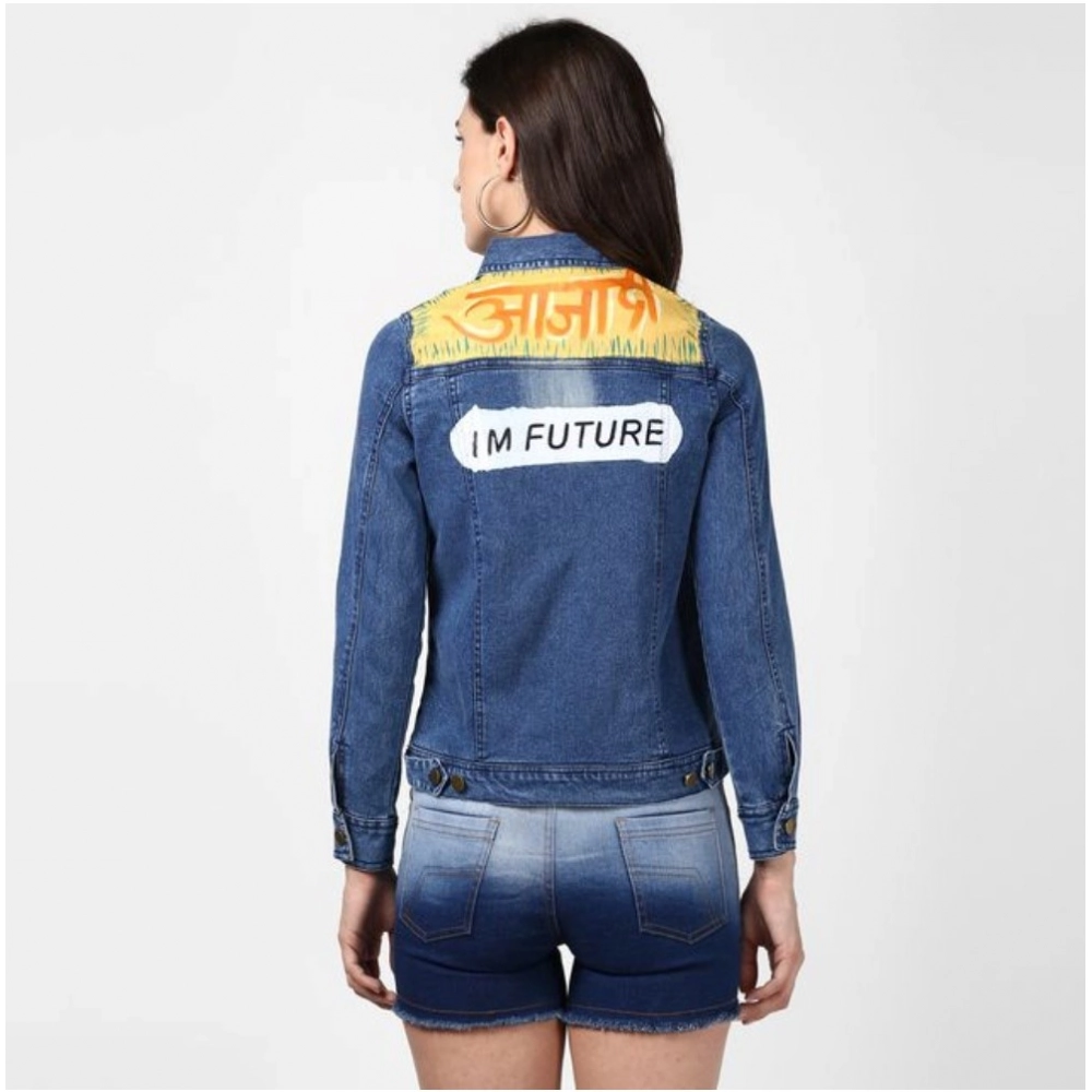 Women's Denim Hand Painted Long Sleeve Jacket (Blue) Women's Denim Hand Painted Long Sleeve Jacket (Blue)