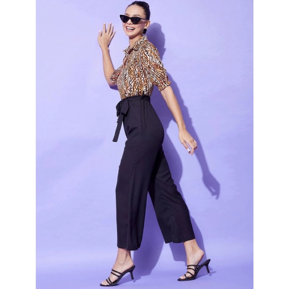 Women's Polyester Animal Print Half Sleeve Jumpsuit (Orange - Black)