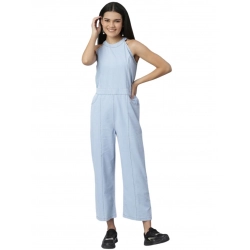 Women's Denim Self Design Sleeveless Jumpsuit (Blue)