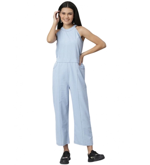 Women's Denim Self Design Sleeveless Jumpsuit (Blue)