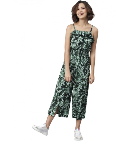Women's Polyester Printed Shoulder Straps Jumpsuit (Black - Green)
