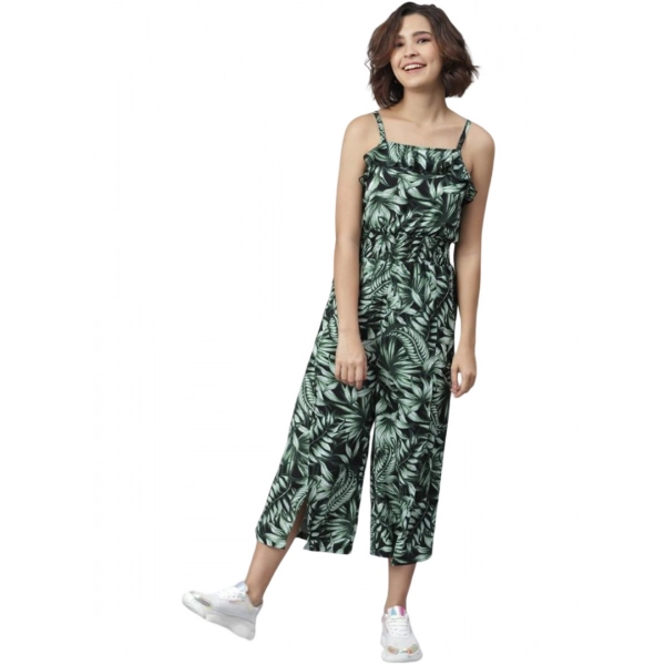 Dropship Women's Polyester Printed Shoulder Straps Jumpsuit (Black - Green)