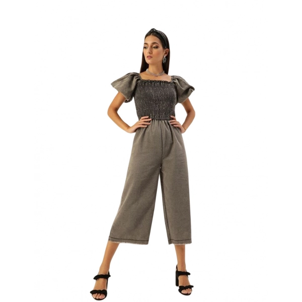 Dropship Women's Denim Solid Balloon Sleeve Jumpsuit (Black)
