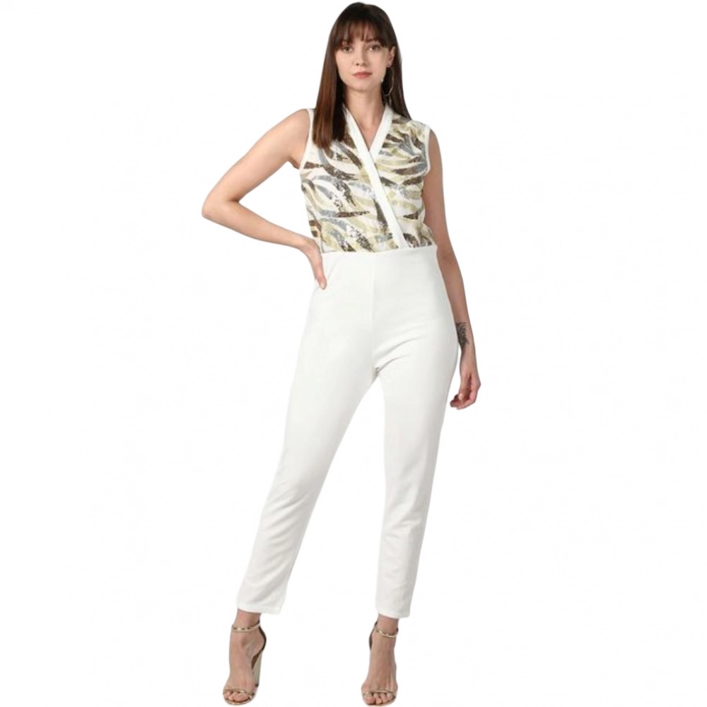 Women's Polyester Embellished Sleeveless Jumpsuit (White) Women's Polyester Embellished Sleeveless Jumpsuit (White)