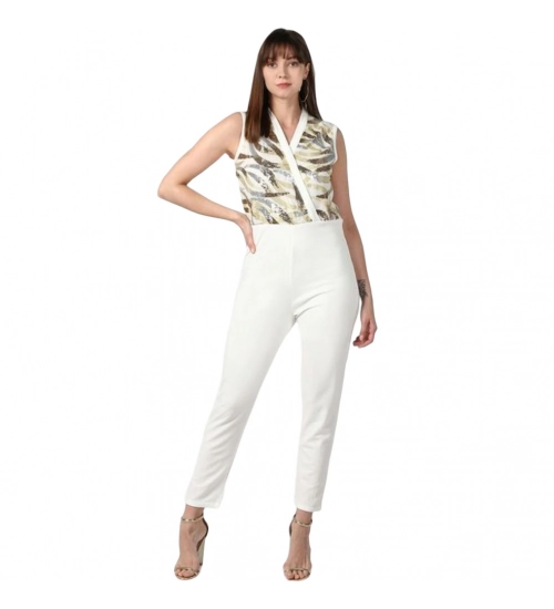Women's Polyester Embellished Sleeveless Jumpsuit (White)