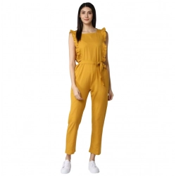 Women's Cotton Linen Solid Sleeveless Jumpsuit (Yellow)
