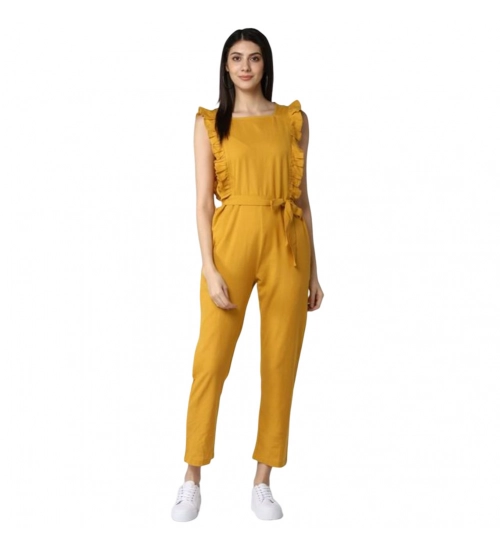 Women's Cotton Linen Solid Sleeveless Jumpsuit (Yellow)
