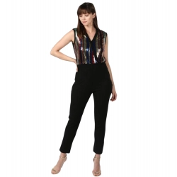 Women's Polyester Embellished Sleeveless Jumpsuit (Black)