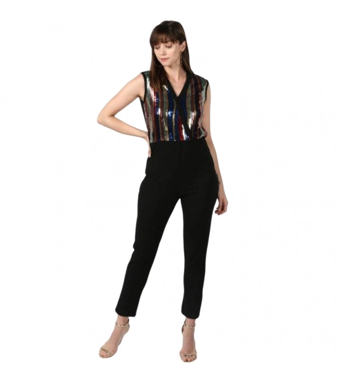 Women's Polyester Embellished Sleeveless Jumpsuit (Black)