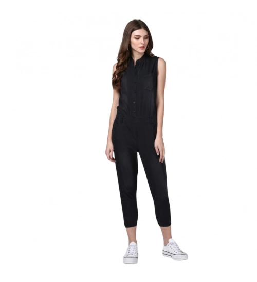 Women's Denim Solid Sleeveless Jumpsuit (Black)