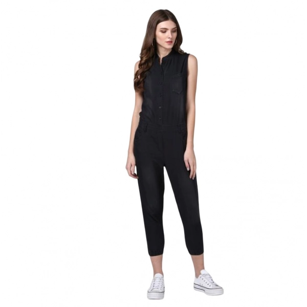Dropship Women's Denim Solid Sleeveless Jumpsuit (Black)