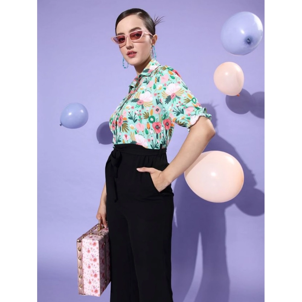 Women's Polyester Printed 3/4th Sleeve Jumpsuit (Green - Black)