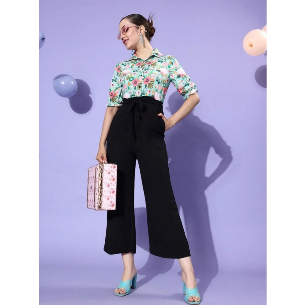 Women's Polyester Printed 3/4th Sleeve Jumpsuit (Green - Black)