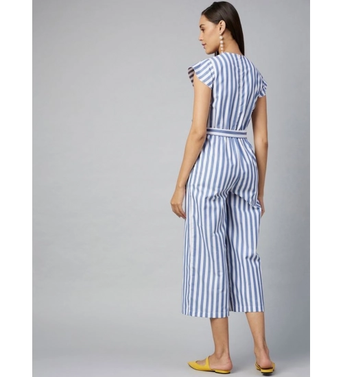 Women's Cotton-Polyester Blend Striped Short Sleeve Jumpsuit (Blue) Women's Cotton-Polyester Blend Striped Short Sleeve Jumpsuit (Blue)