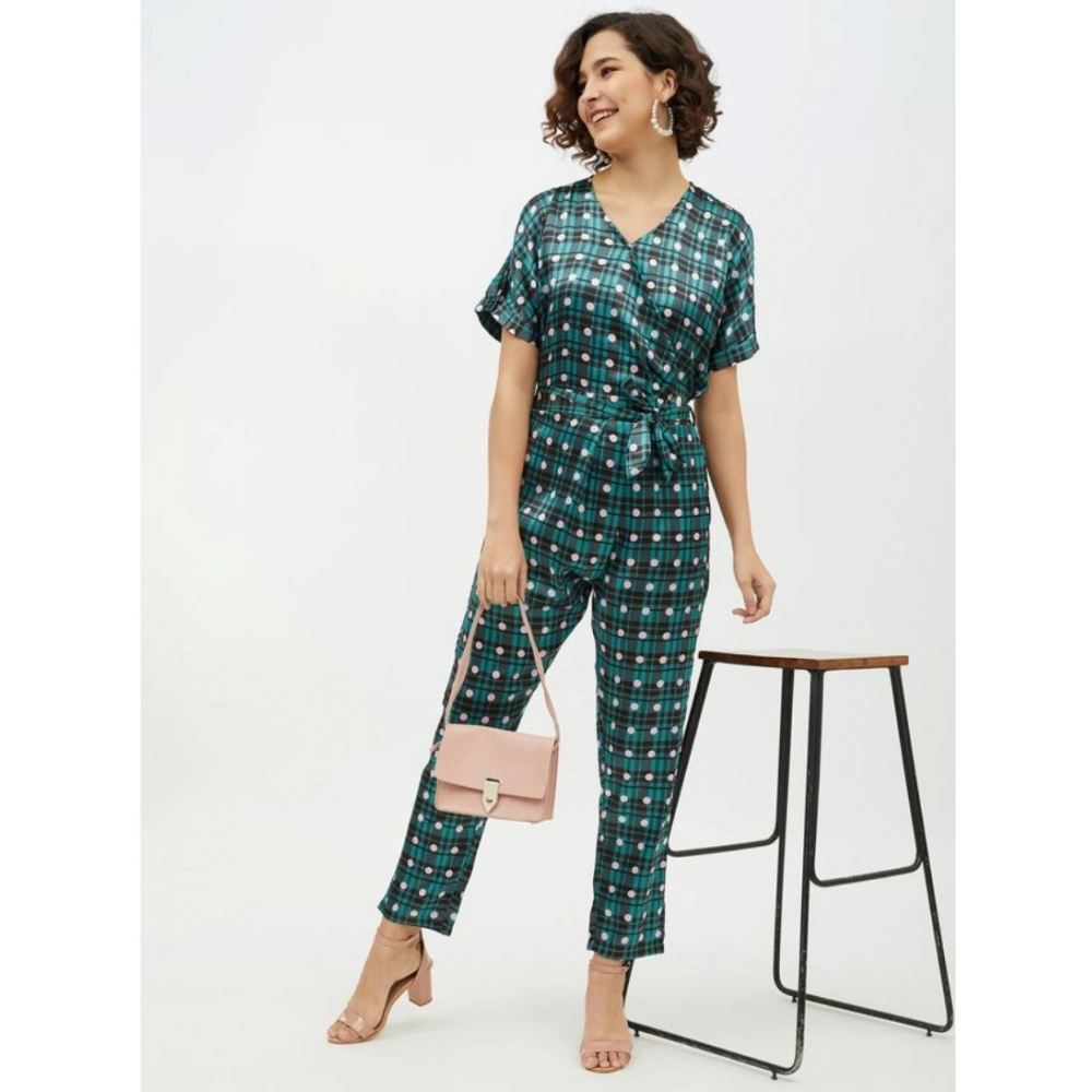 Women's Polyester Polka Short Sleeve Jumpsuit (Green) Women's Polyester Polka Short Sleeve Jumpsuit (Green)