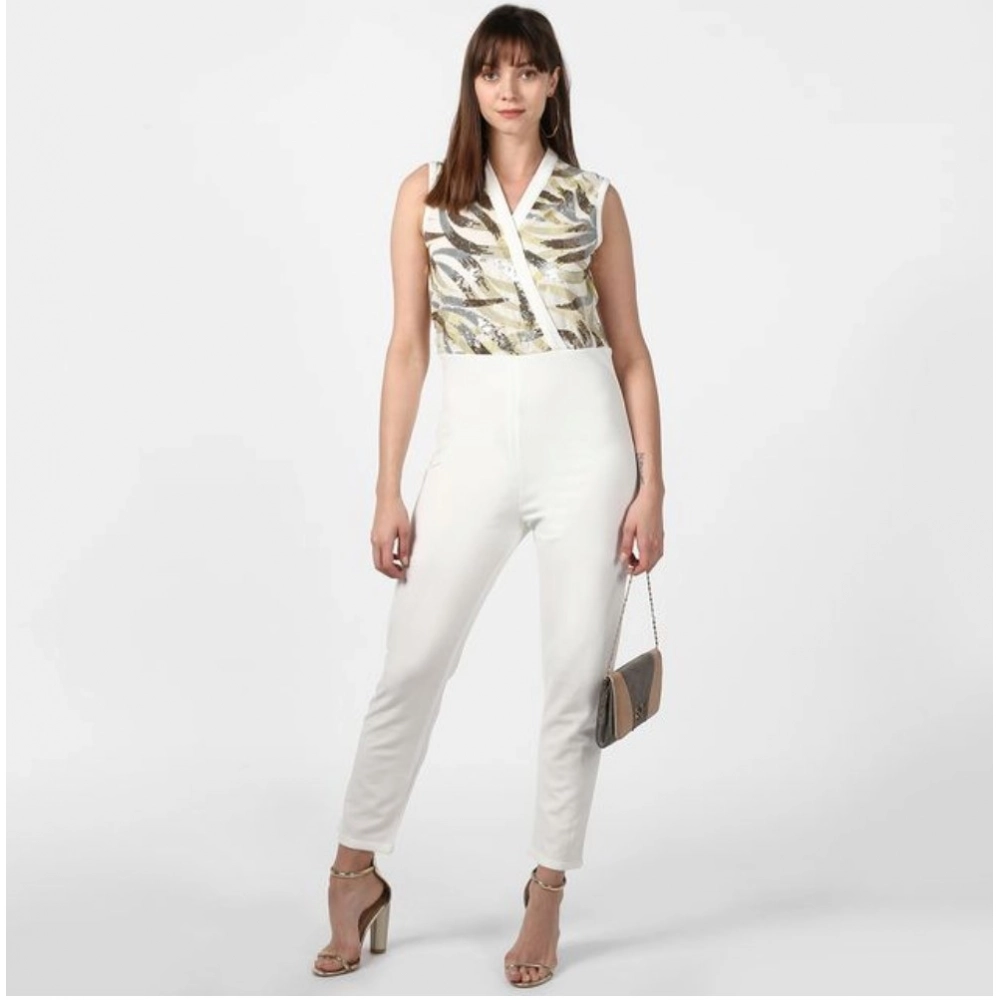 Women's Polyester Embellished Sleeveless Jumpsuit (White) Women's Polyester Embellished Sleeveless Jumpsuit (White)