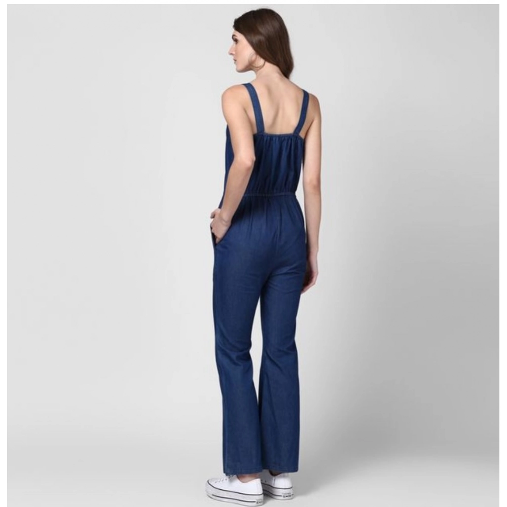 Women's Denim Solid Shoulder Straps Jumpsuit (Blue)
