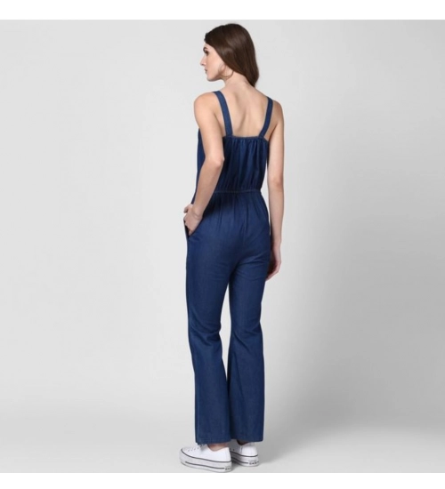 Women's Denim Solid Shoulder Straps Jumpsuit (Blue)
