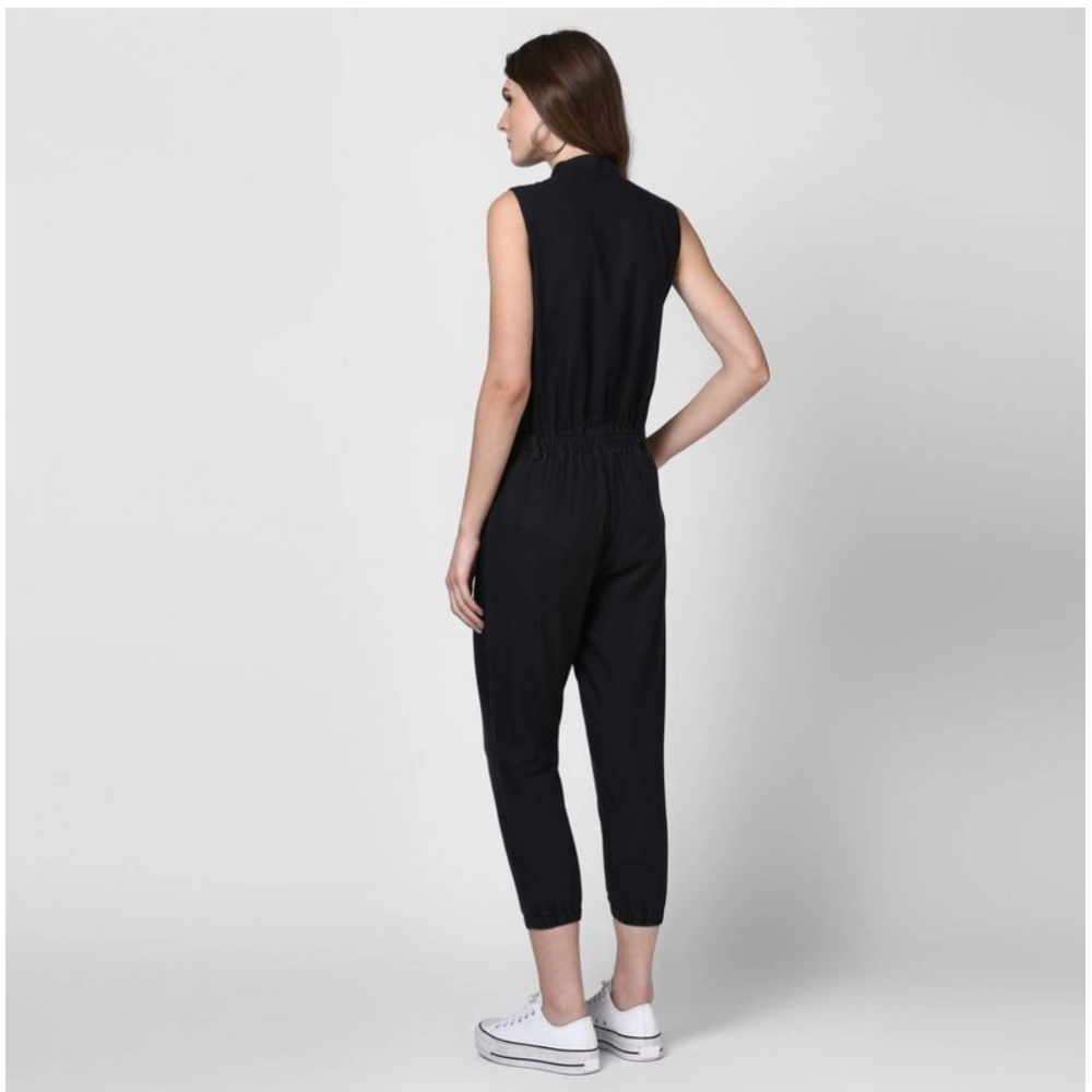 Women's Denim Solid Sleeveless Jumpsuit (Black)