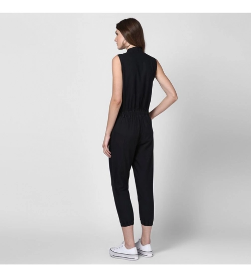 Women's Denim Solid Sleeveless Jumpsuit (Black)