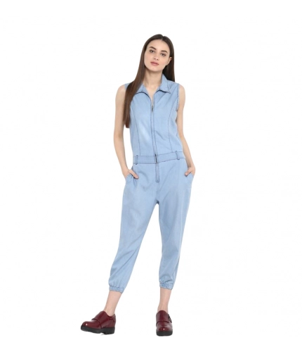 Women's Denim Solid Sleeveless Jumpsuit (Blue)
