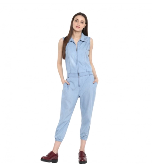 Women's Denim Solid Sleeveless Jumpsuit (Blue)
