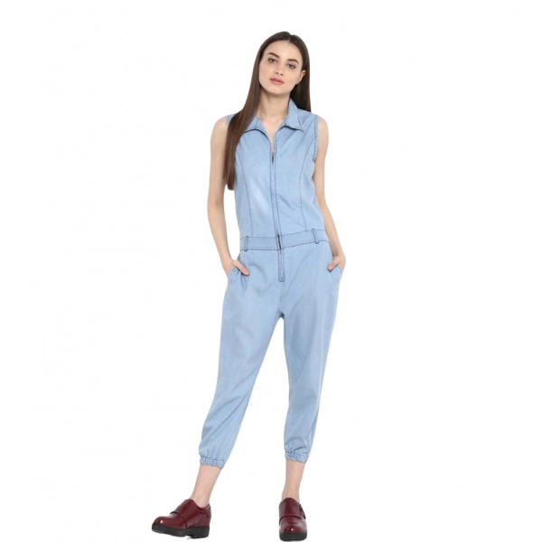 Dropship Women's Denim Solid Sleeveless Jumpsuit (Blue)