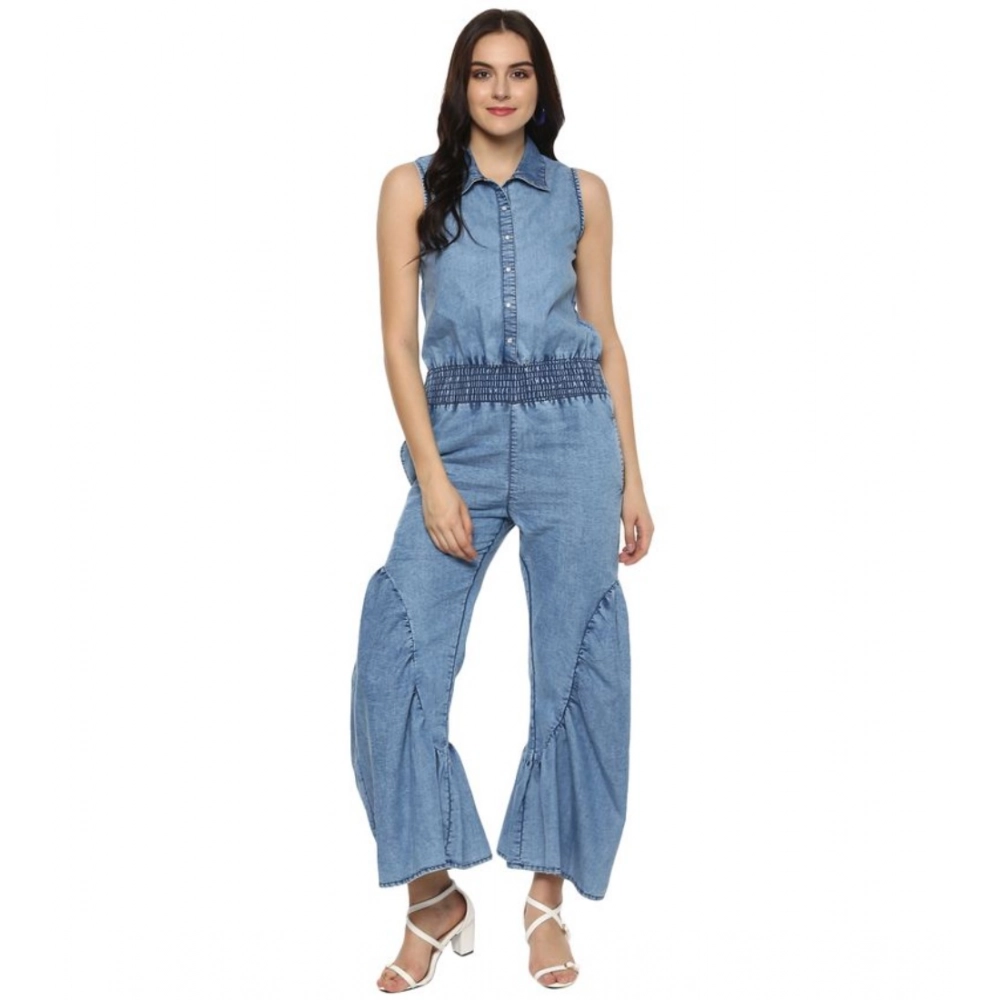 Women's Denim Solid Sleeveless Jumpsuit (Blue) Women's Denim Solid Sleeveless Jumpsuit (Blue)