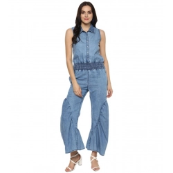 Women's Denim Solid Sleeveless Jumpsuit (Blue)